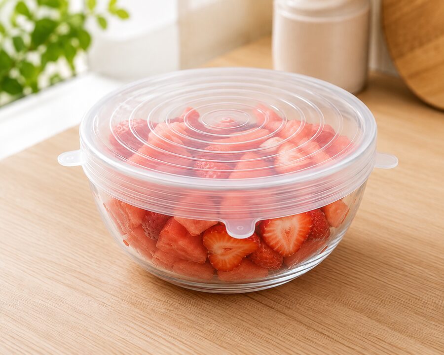 Silicone stretch lid on cut fruit