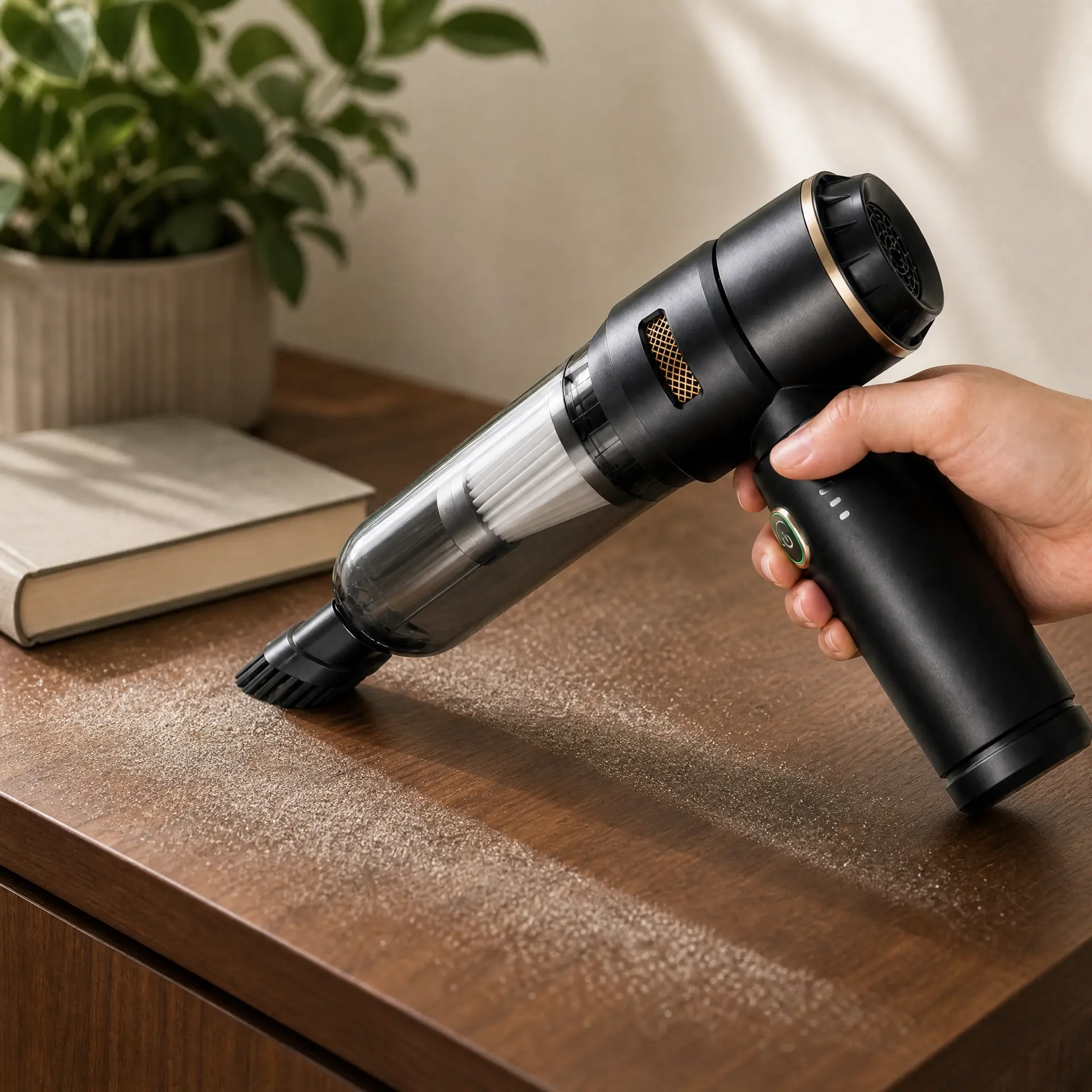 CleanGo brushing dust off a wooden side table