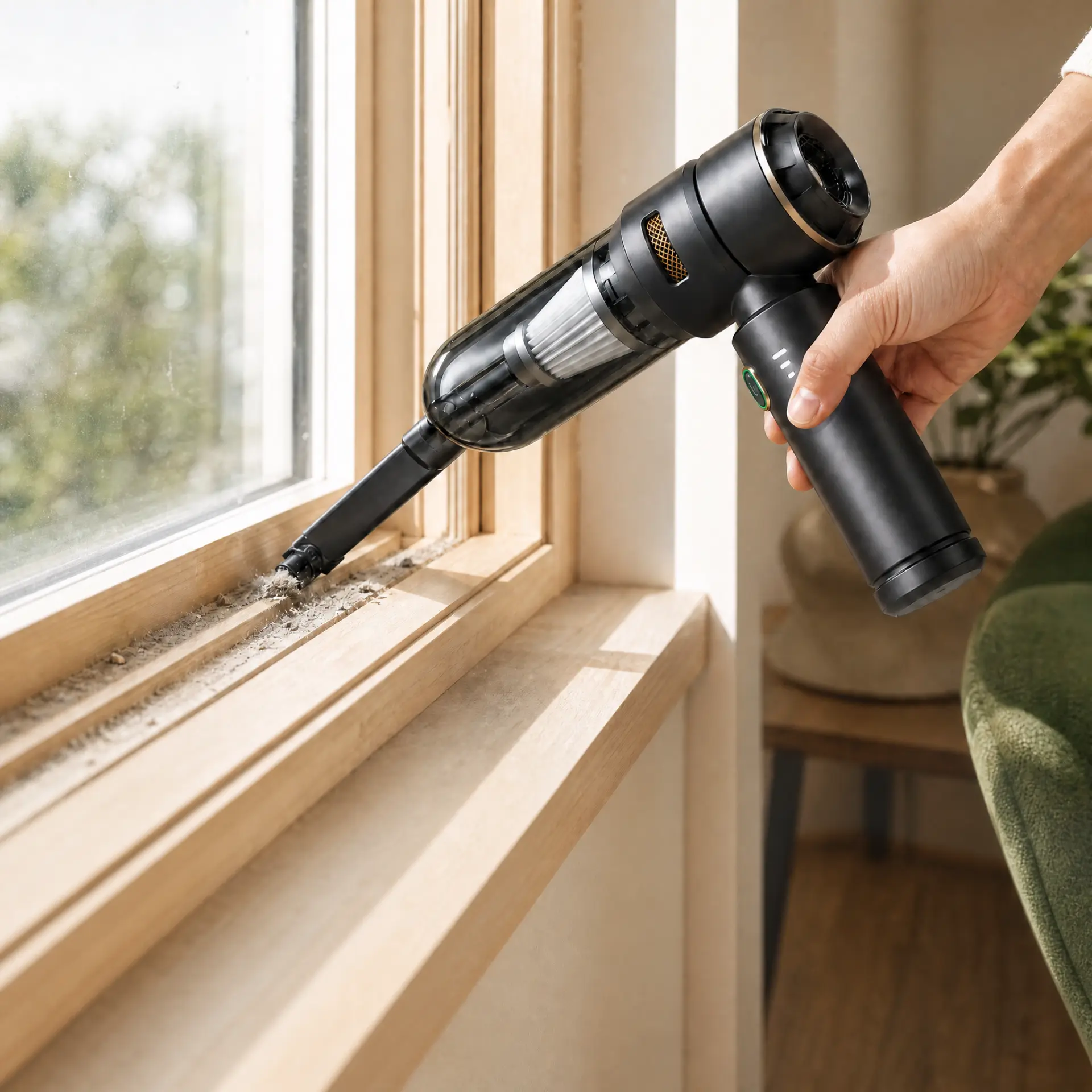 CleanGo cleaning debris from a window track