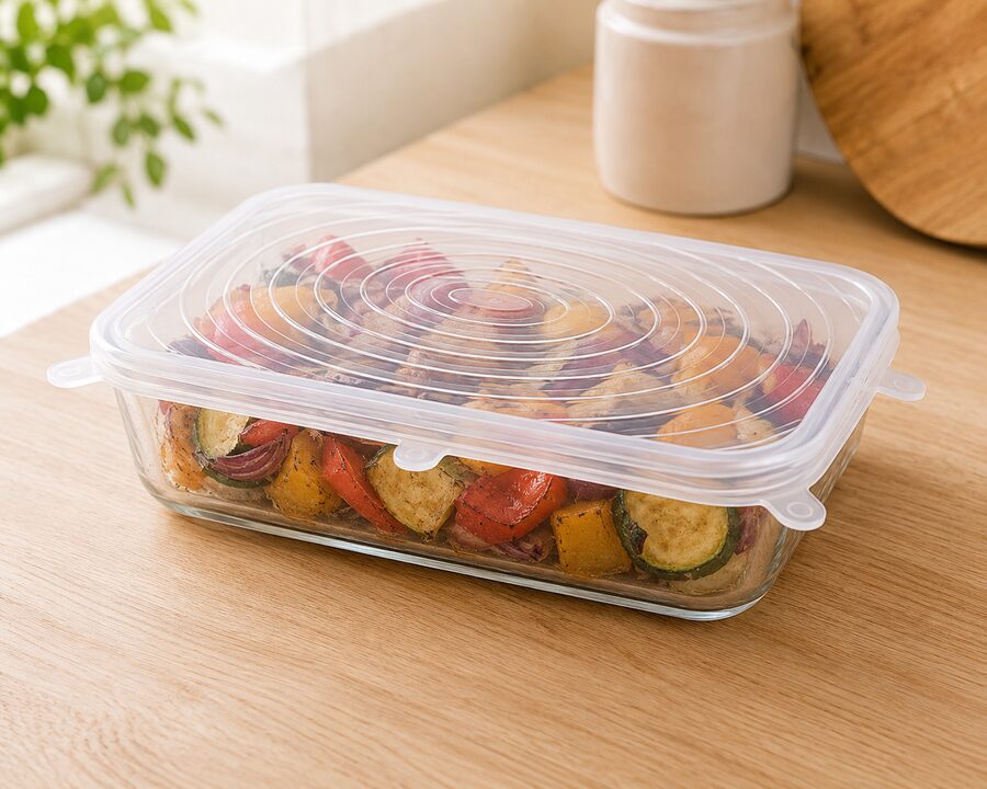 Silicone stretch lid on a casserole dish