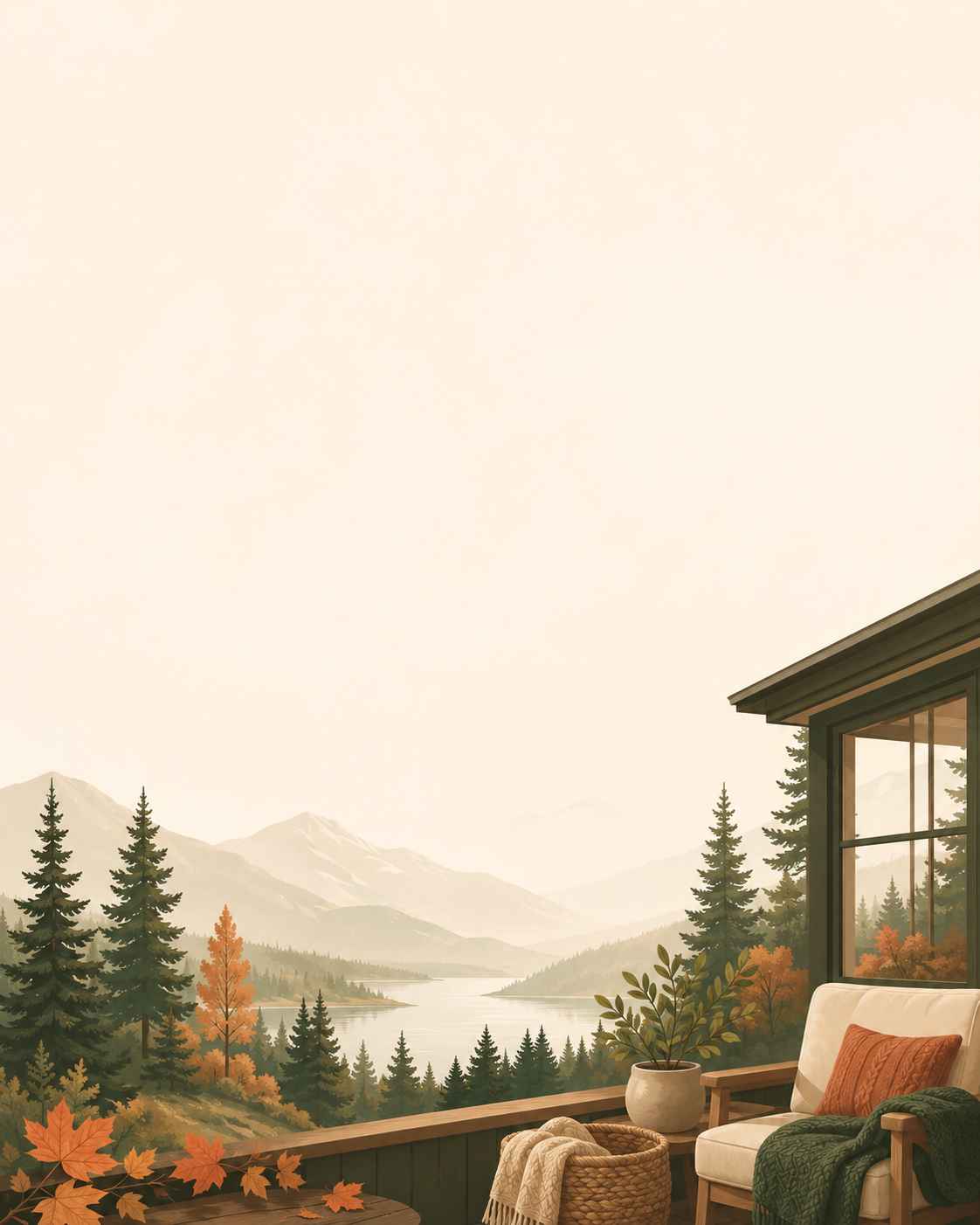 Cozy Canadian porch overlooking a lake, mountains and autumn forest