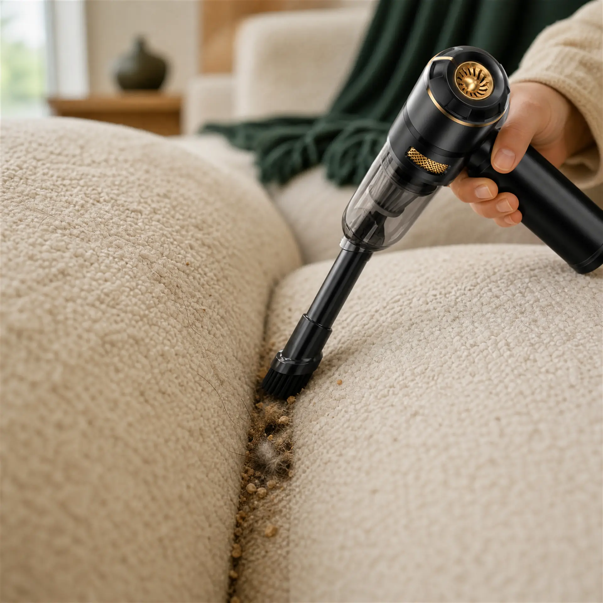 CleanGo cleaning crumbs from a sofa seam