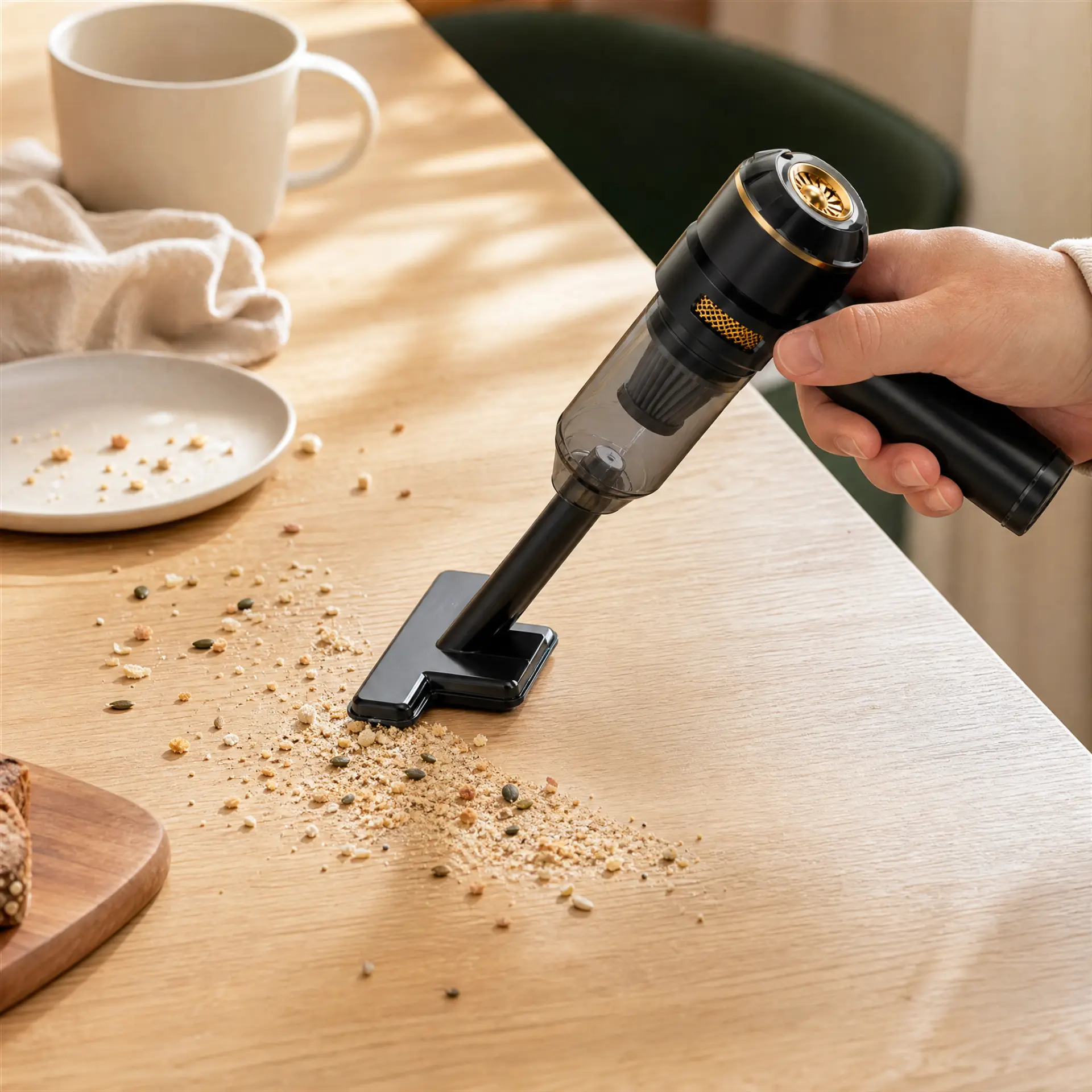 CleanGo vacuuming crumbs from a kitchen table